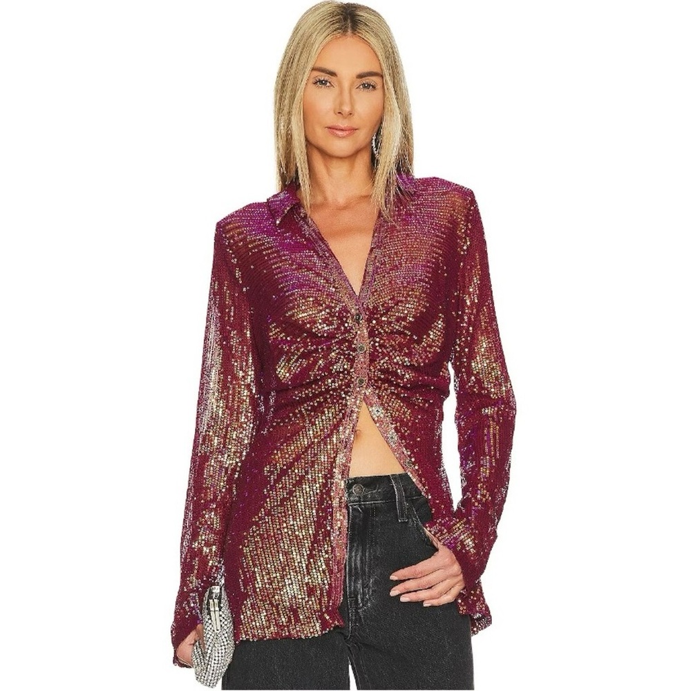 NWT Free people Sequin Shirtee Top in Dark Rhubarb SIZE S